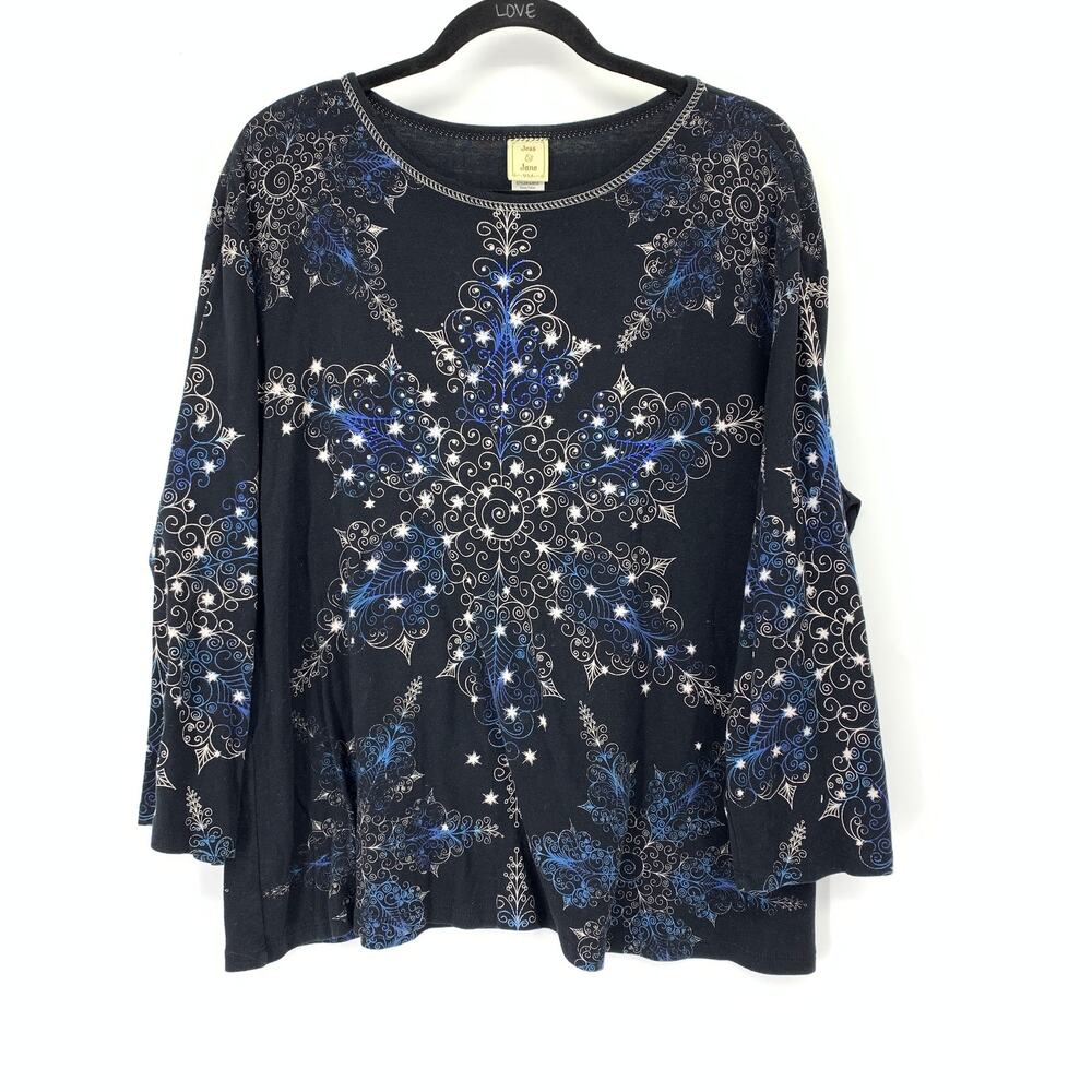 Jess & Jane Snow Flakes Top Womens 1X Black Snowflake Graphic Blue Rhinestones